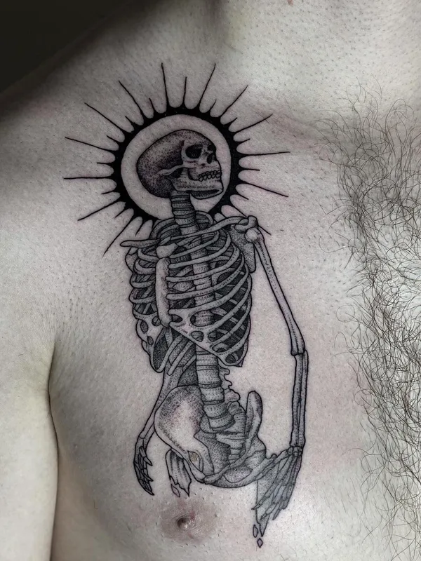 male black and grey blackwork Tatuaggio su chest #50847 | Tatuatore Александр Уколов