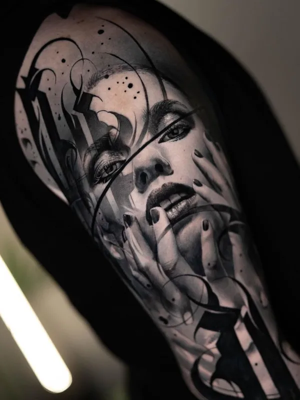 female black and grey realism tatouage sur upper arm #65087 | Artiste tatoueur Stevo Tattoo