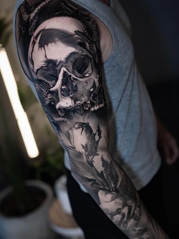 black and grey realism tatouage sur full sleeve #65085 | Artiste tatoueur Stevo Tattoo