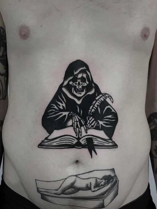 male black blackwork tatouage sur stomach #29442 | Artiste tatoueur Ignacio Ttd