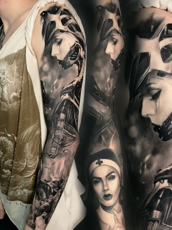 black and grey biomechanical tatuaje en full sleeve #40099 | Tatuador Ирина Чернова