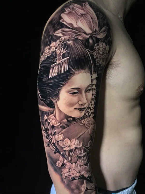 male black and grey japanese tattoo auf full sleeve #40100 | Tätowierer Dario Tattooarte