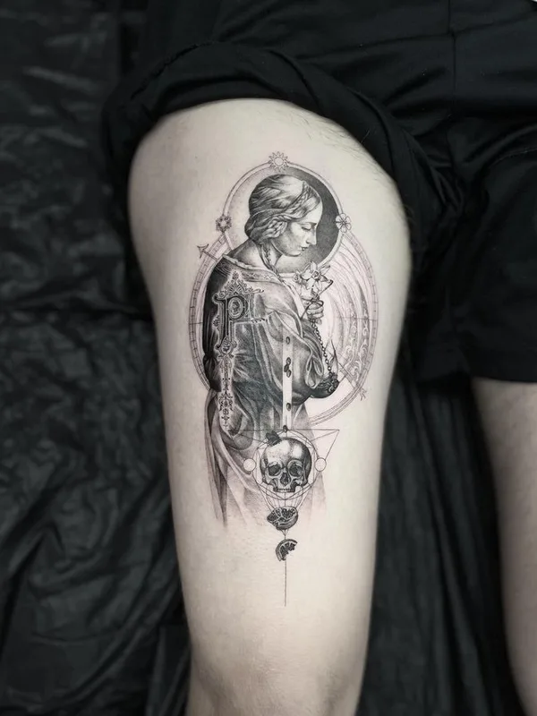 black and grey realism татуировка на thigh #69519 | Тату мастер Amalie
