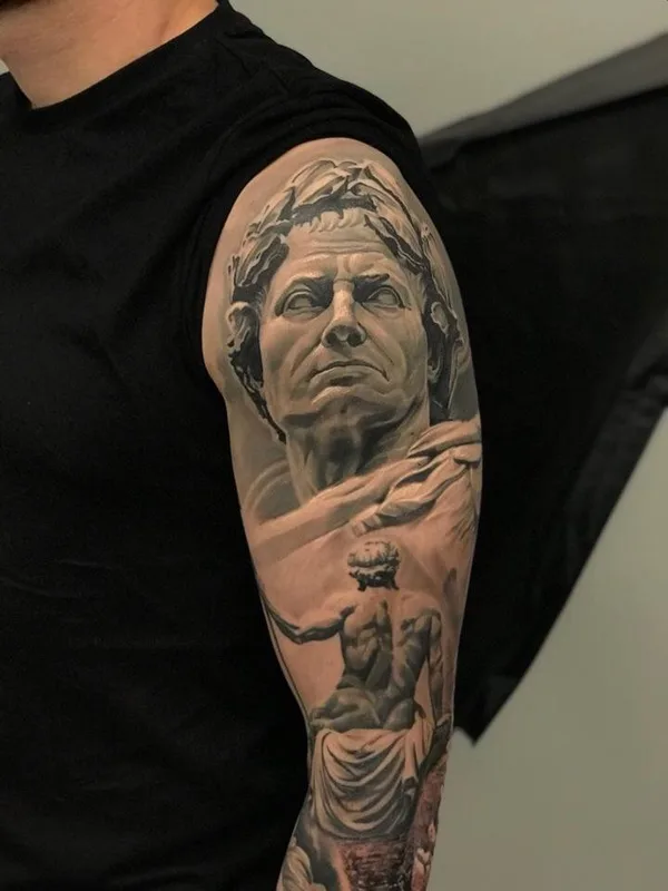 male black and grey realism татуировка на full sleeve #31672 | Тату мастер Глеб Эрвье