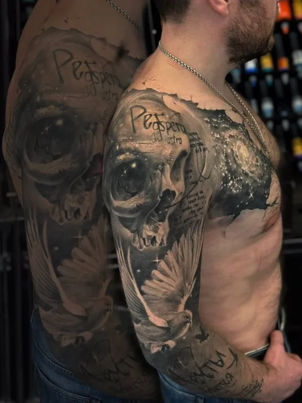 male black and grey realism татуировка на full sleeve #31668 | Тату мастер Глеб Эрвье