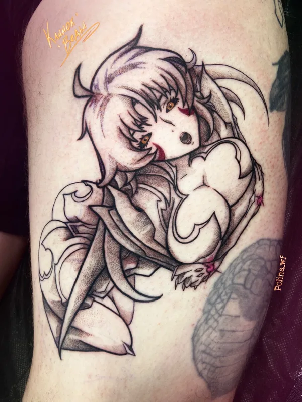 black and grey anime tattoo on thigh #56507 | Tattoo Artist Полина Сметанина