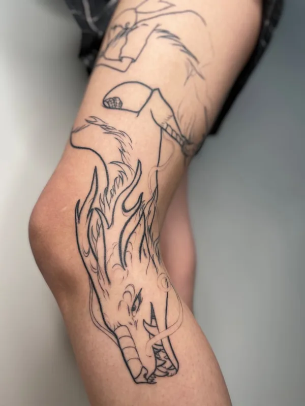 black sketch tattoo on thigh #56510 | Tattoo Artist Полина Сметанина
