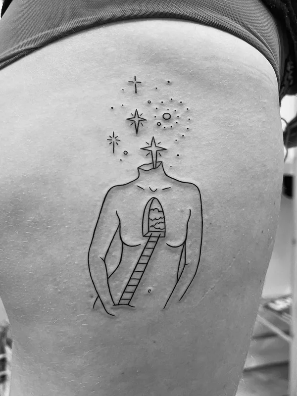 female black linework tatouage sur thigh #44851 | Artiste tatoueur Bojana