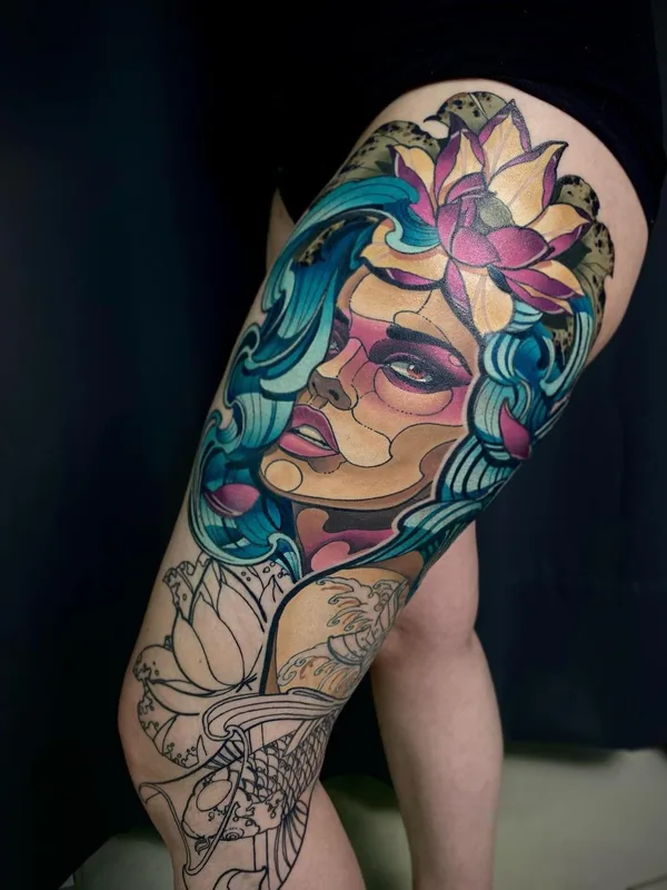 female color illustrative tattoo auf thigh #44950 | Tätowierer Роман Закиров