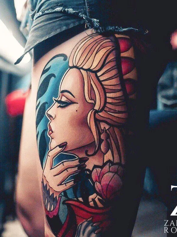 female color neo traditional tattoo auf thigh #44952 | Tätowierer Роман Закиров