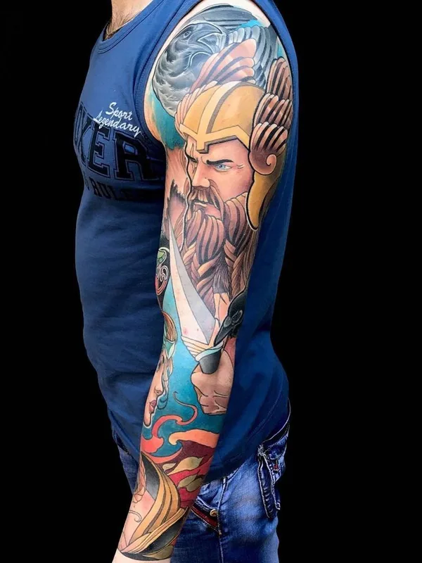 male color illustrative tattoo auf full sleeve #44951 | Tätowierer Роман Закиров