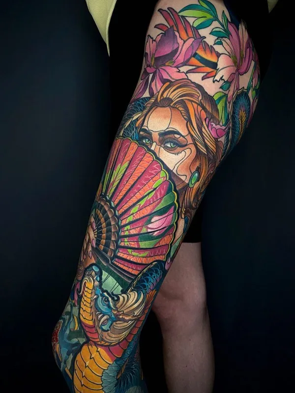female color illustrative tattoo auf thigh #44957 | Tätowierer Роман Закиров