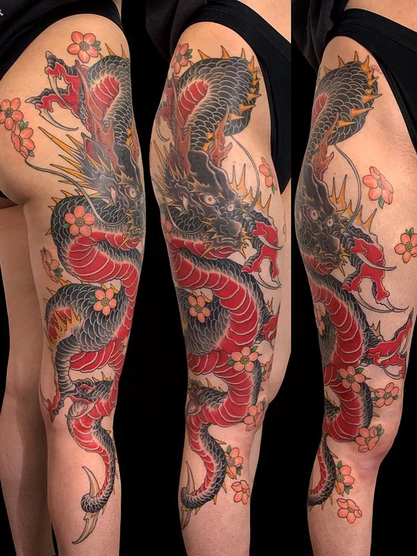 color japanese tattoo on thigh #44970 | Tattoo Artist Kimihito