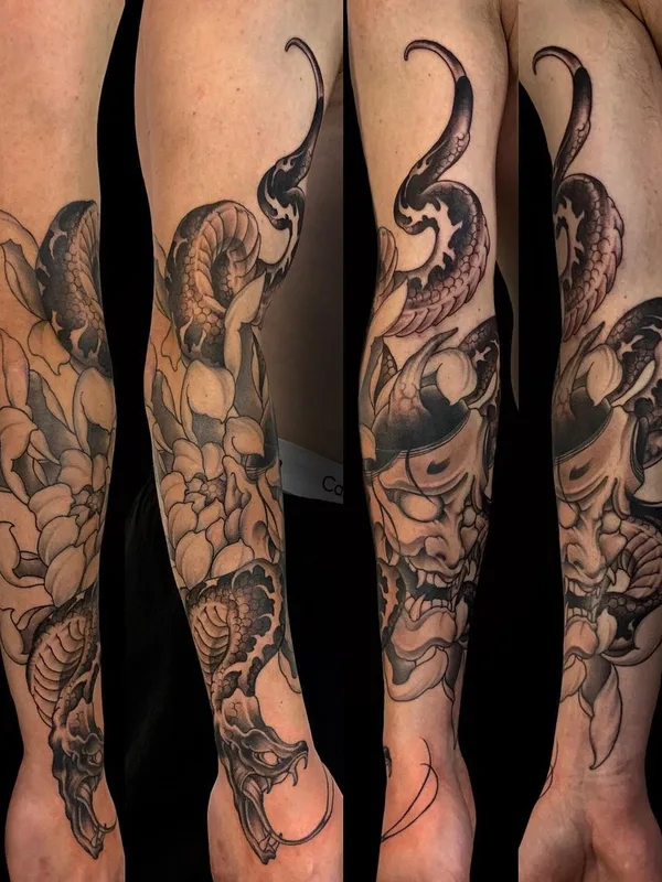 black and grey japanese tattoo on full sleeve #44967 | Tattoo Artist Kimihito