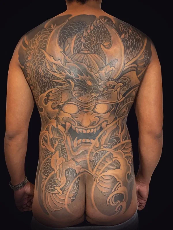 male black and grey japanese tattoo on full back #44962 | Tattoo Artist Kimihito