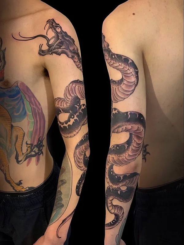 male black and grey japanese tattoo on full sleeve #44968 | Tattoo Artist Kimihito