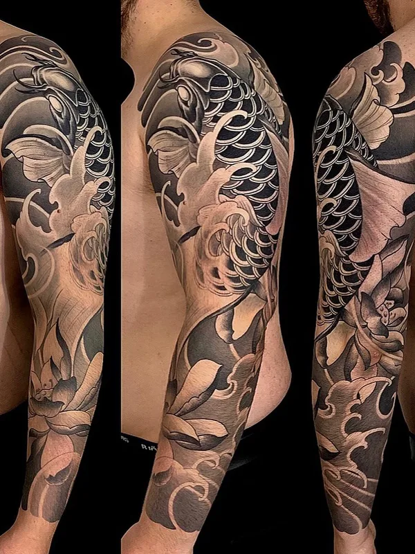 male black and grey japanese tattoo on full sleeve #44971 | Tattoo Artist Kimihito