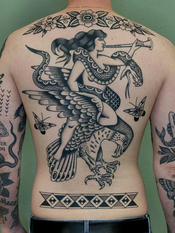 male black and grey neo traditional татуировка на full back #45023 | Тату мастер WES WIZ