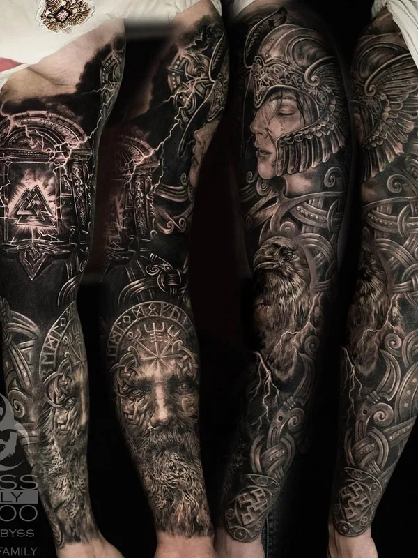 black and grey black and grey tattoo on full sleeve #46715 | Tattoo Artist Alexander Abyss