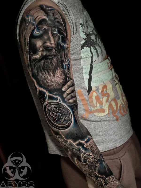black and grey realism tattoo on full sleeve #46712 | Tattoo Artist Alexander Abyss