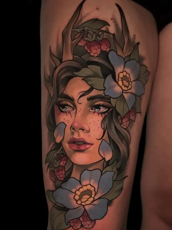 female color illustrative tatuaje en thigh #61300 | Tatuador andreytattooing