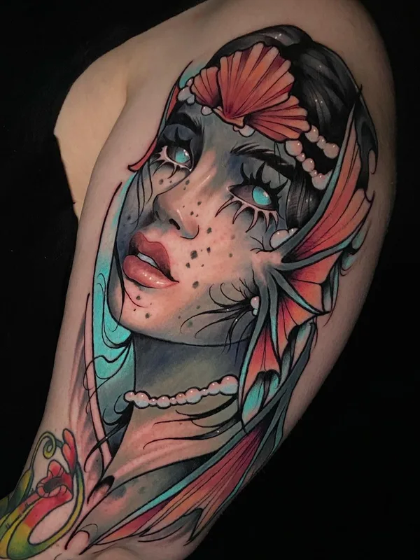 female color illustrative tatuaje en upper arm #61299 | Tatuador andreytattooing