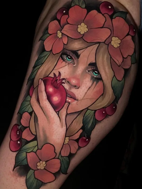 female color illustrative tatuaje en thigh #61303 | Tatuador andreytattooing