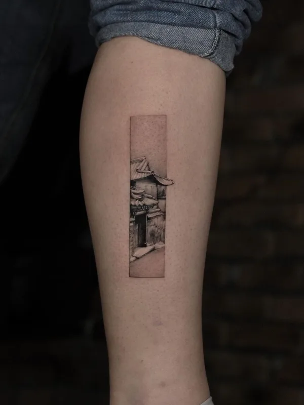 black and grey sketch 纹身 在 calf #61516 | 纹身师 Heo Metri