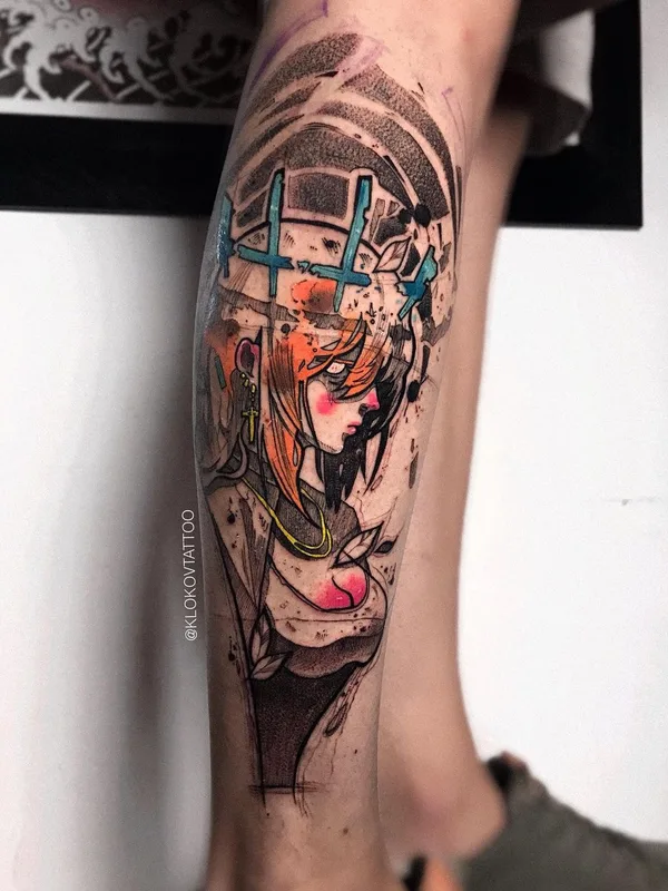 female color anime tattoo auf calf #61590 | Tätowierer klokovtattoo