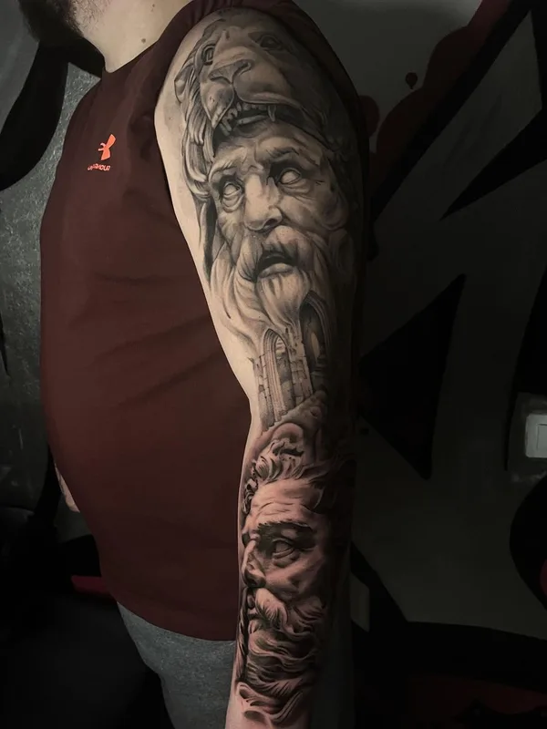 male black and grey realism tattoo auf full sleeve #61602 | Tätowierer Vladlena Wind