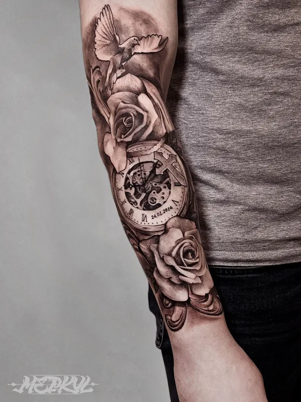 black and grey realism татуировка на full sleeve #50914 | Тату мастер Слава Меркул