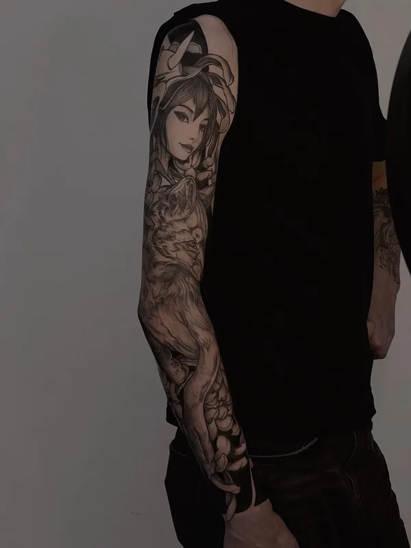 black and grey black and grey tatouage sur full sleeve #50951 | Artiste tatoueur Яна