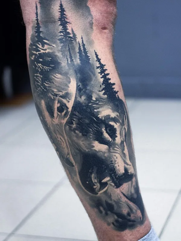 black and grey realism tatuaje en calf #51016 | Tatuador Михаил Стороженко