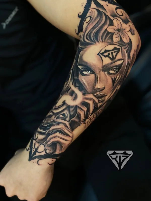black and grey realism tattoo on full sleeve #51023 | Tattoo Artist Максим Калач