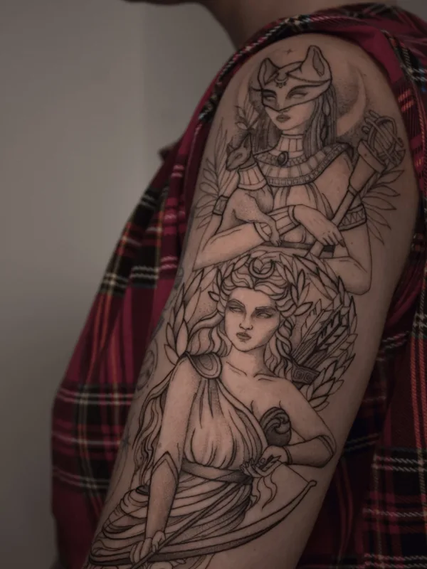 black and grey illustrative татуировка на upper arm #55456 | Тату мастер Полина Лихачева | Polyashatattoo