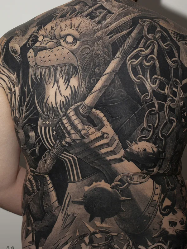 male black and grey blackwork татуировка на full back #70665 | Тату мастер Sicko Black
