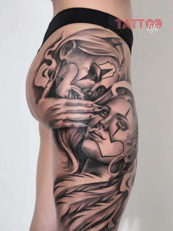 female black and grey black and grey tattoo on thigh #41314 | Tattoo Artist Martina Gaudio