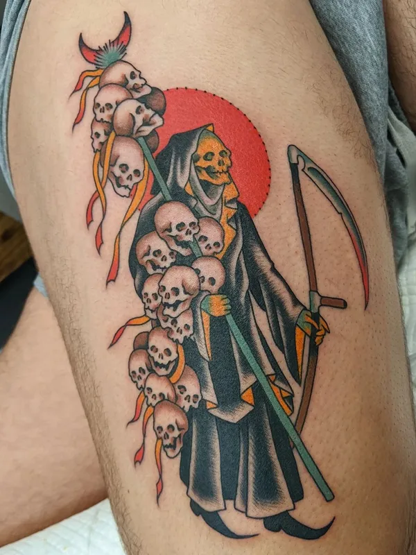color traditional Tatuaggio su thigh #56643 | Tatuatore Mike Baker