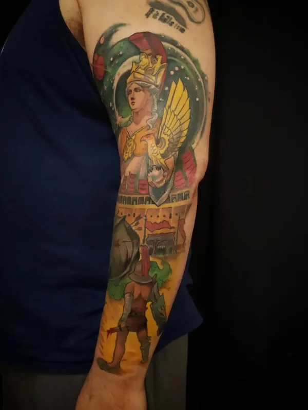 male color illustrative tatouage sur full sleeve #56716 | Artiste tatoueur Adam Montegut