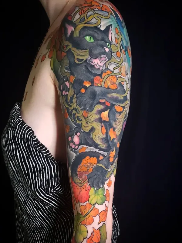 female color illustrative tatouage sur full sleeve #56715 | Artiste tatoueur Adam Montegut