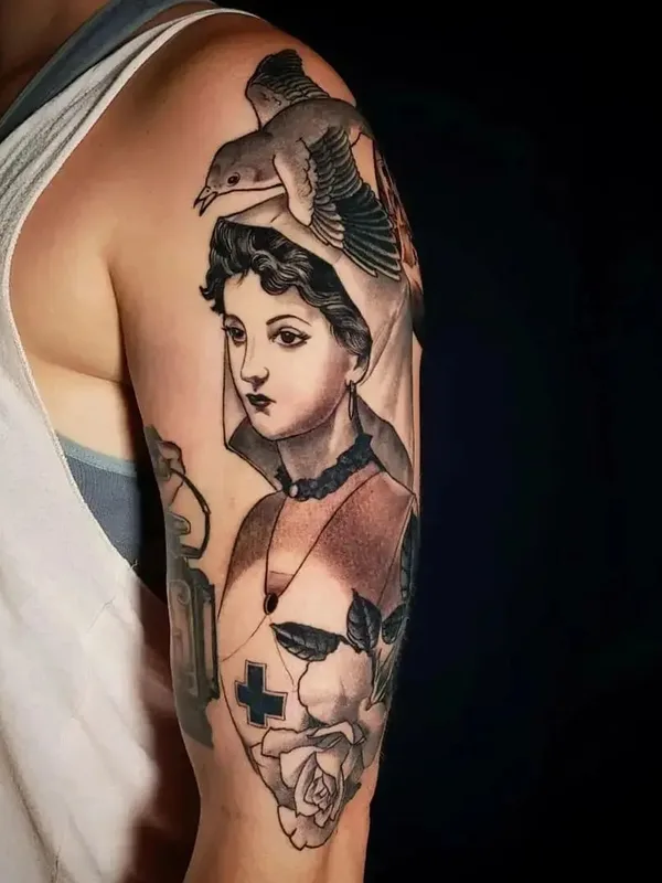 female black and grey realism tatouage sur full sleeve #56717 | Artiste tatoueur Adam Montegut