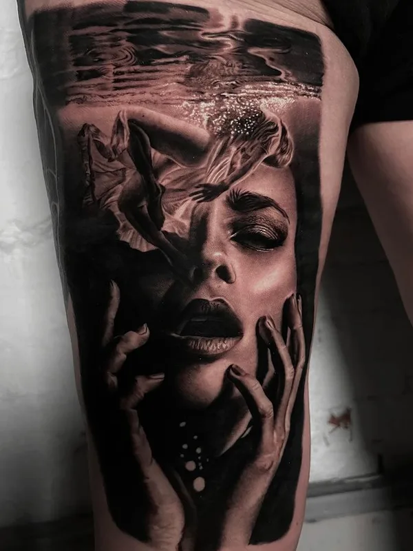 female black and grey realism Tatuaggio su thigh #56755 | Tatuatore Kody Richard