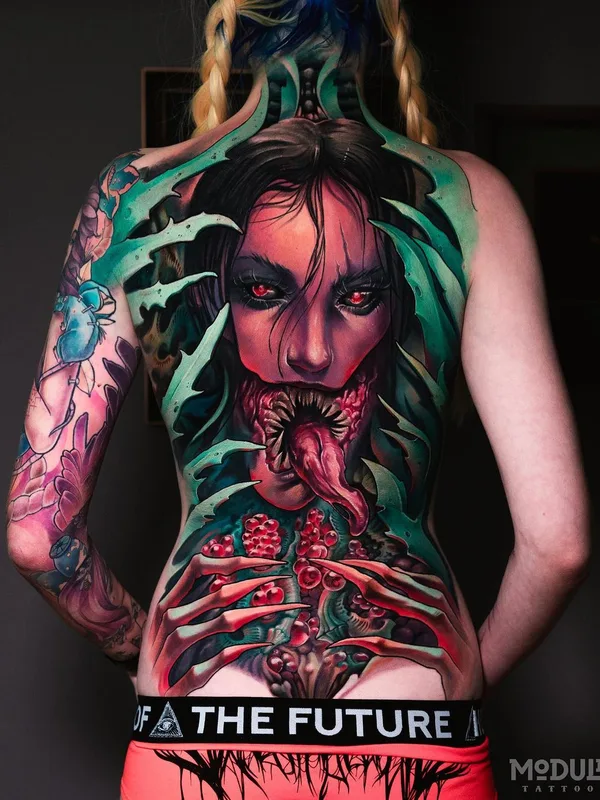 female color surrealism tattoo on full back #59679 | Tattoo Artist Rinat Tattarin Mingazdinov