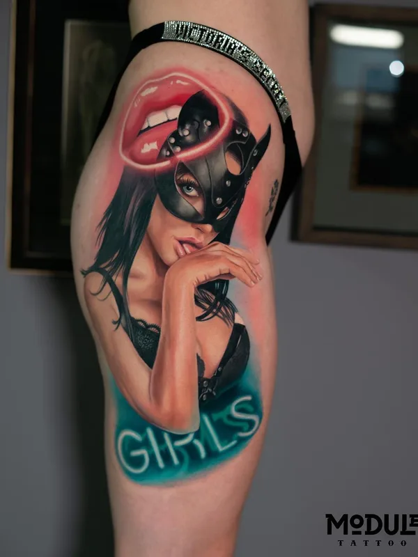 female color realism tattoo on thigh #59674 | Tattoo Artist Rinat Tattarin Mingazdinov