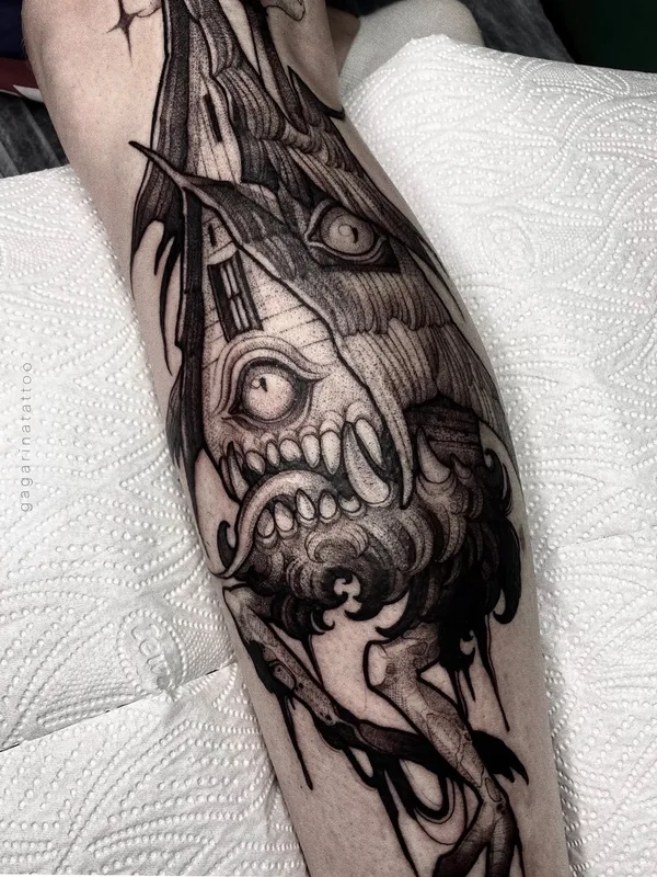 black and grey illustrative tatuaje en calf #75069 | Tatuador Александра Гагарина