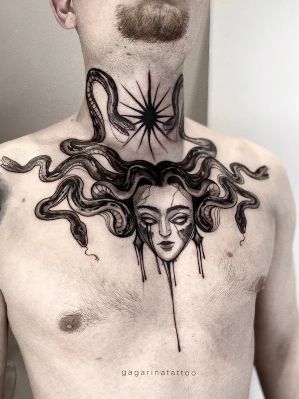 male black and grey blackwork tatuaje en chest #75071 | Tatuador Александра Гагарина