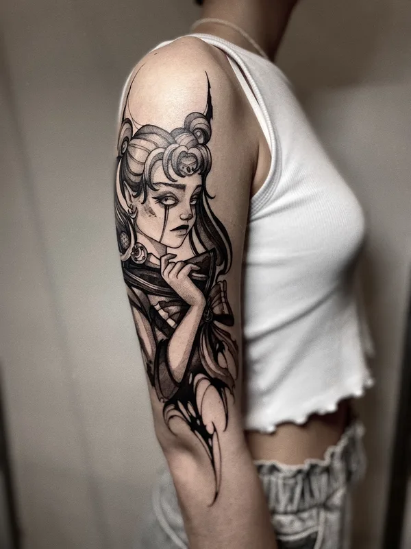 female black and grey blackwork tatuaje en outer arm #75078 | Tatuador Александра Гагарина