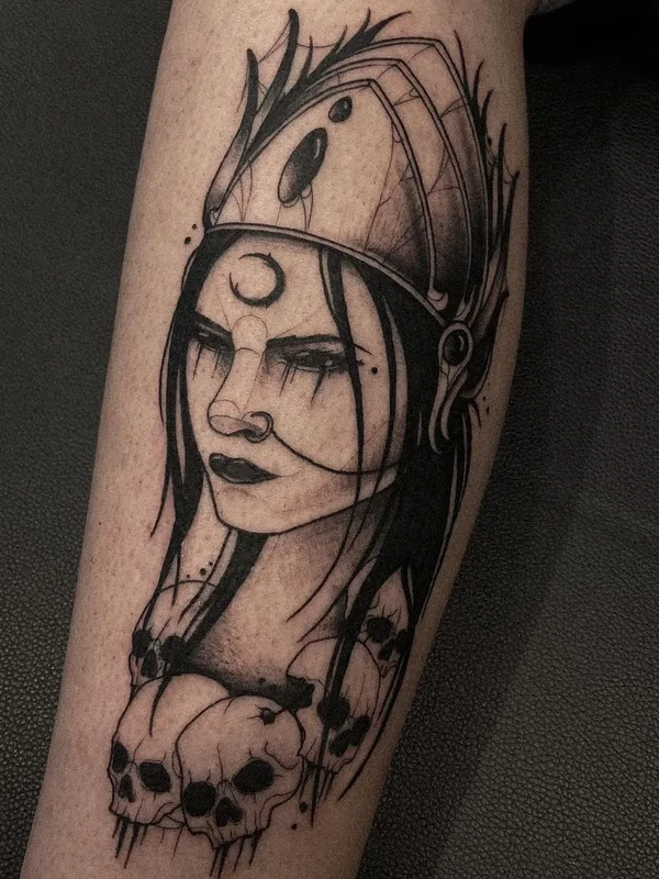 female black and grey blackwork татуировка на calf #45210 | Тату мастер Daan Boets