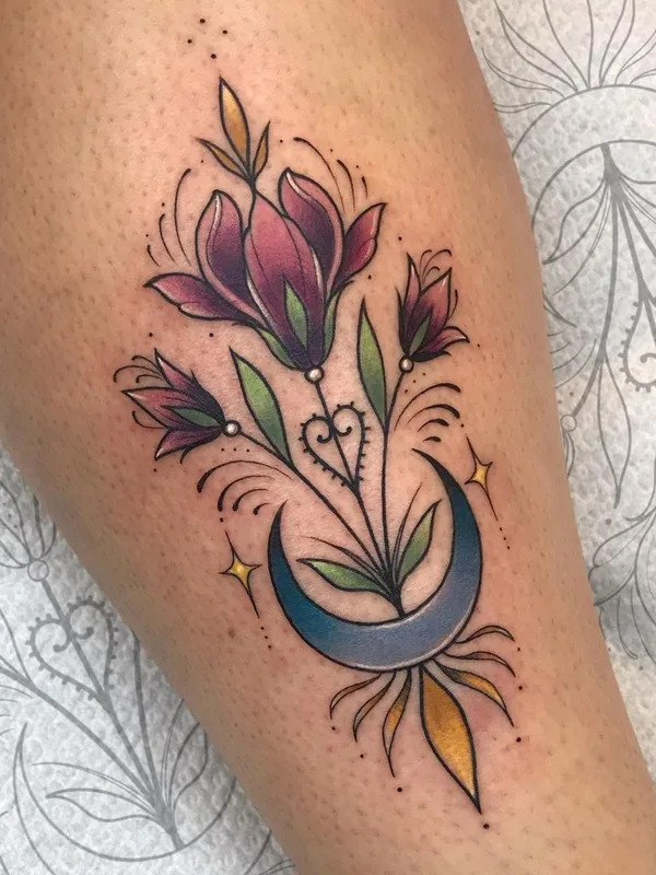 color illustrative Tatuaggio su calf #45339 | Tatuatore Iris Jasperse 