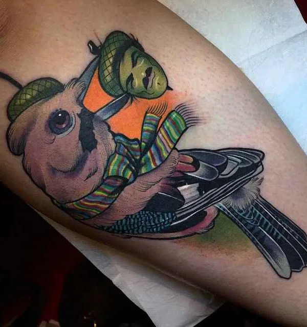 color illustrative tattoo auf calf #5086 | Tätowierer Aniela Dahlgren